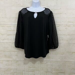 Adrienne Vittadini Black Keyhole Neck Sheer 3/4 Sleeve Blouse